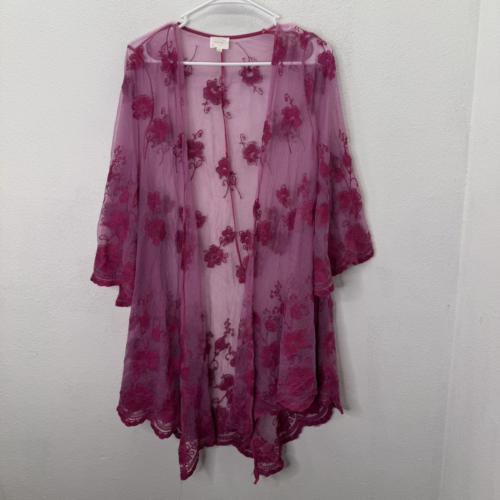 Dee Elly Magenta Lace Duster Kimono Sheer Boho Coachella Festival Fairy Beach S